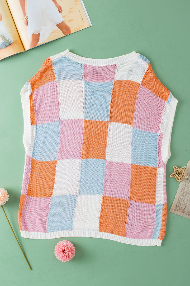 Fiery Red Checkered Color Block Cap Sleeve Knitted Top