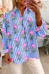 Blue Striped Floral Print Loose Fit Shirt