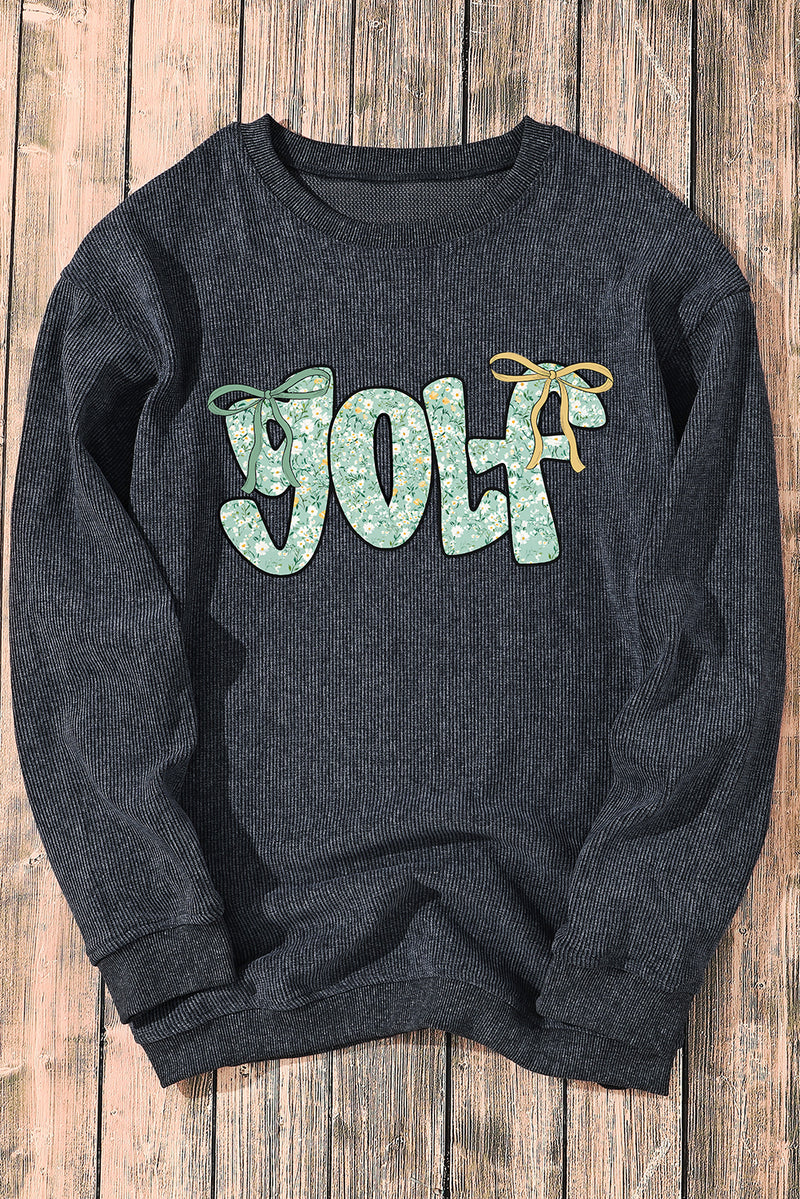 Gray Twisted Ribbed Floral GOLF Letter Bow Sweatshirt