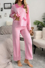 Pink Striped Sweet Bow Decor Peter Pan Collar Pullover Pants Pajama Set