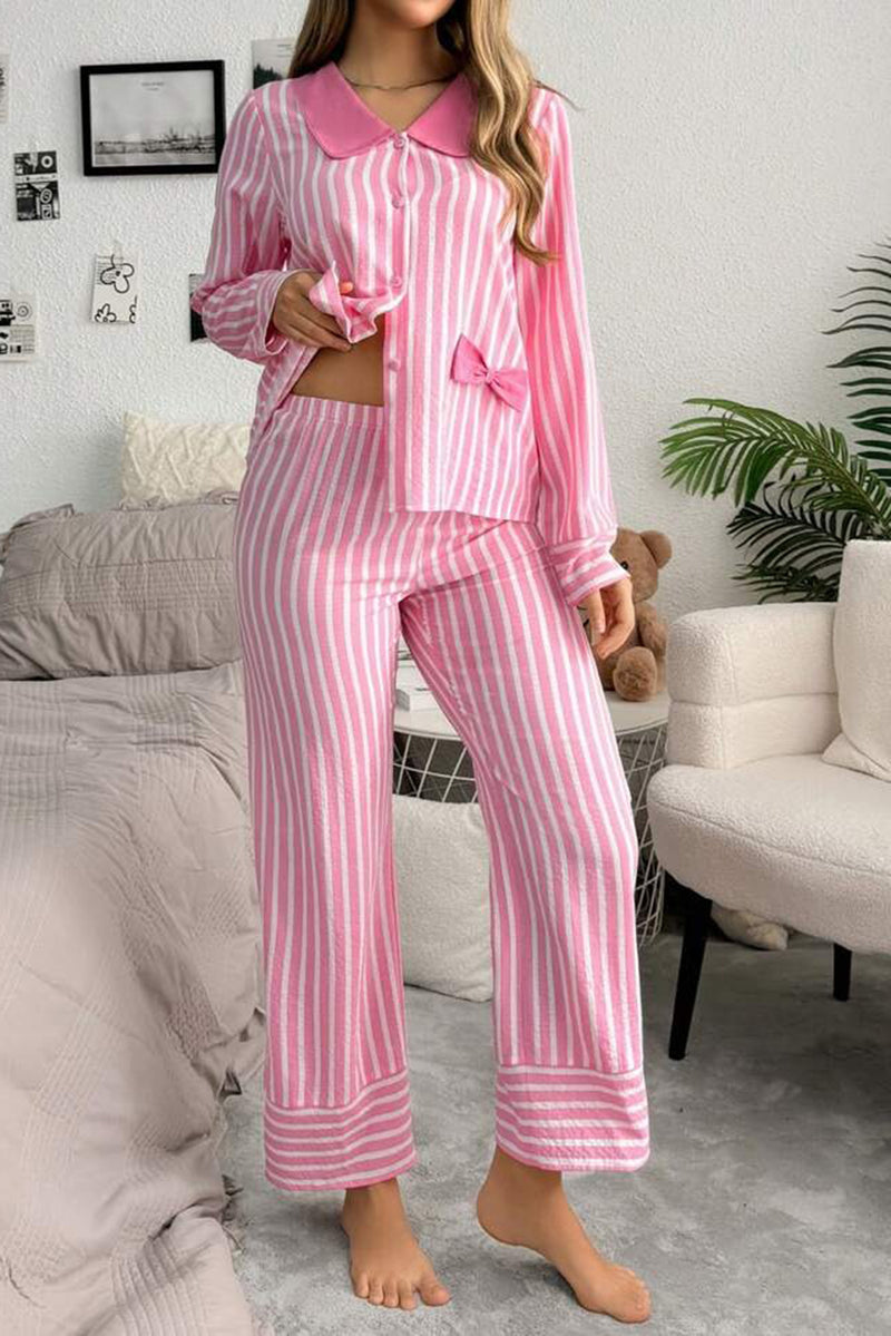 Pink Striped Sweet Bow Decor Peter Pan Collar Pullover Pants Pajama Set