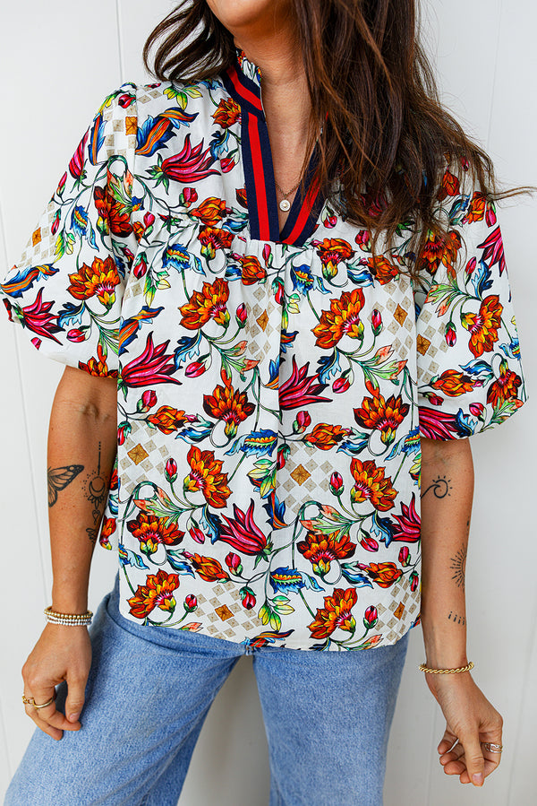 Multicolour Contrasted V Neckline Floral Puff Short Sleeve Blouse