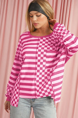 Khaki Checkered Striped Patchwork Lantern Sleeve Top