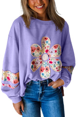 Wisteria Flower Applique Patchwork Drop Sleeve Pullover Sweatshirt