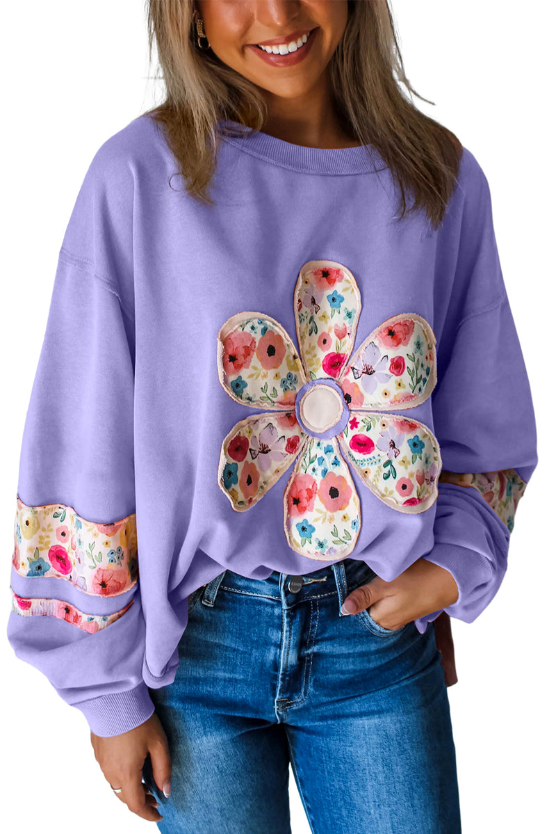 Wisteria Flower Applique Patchwork Drop Sleeve Pullover Sweatshirt