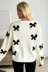 White Lace-Up Front Bow Pattern Round Neck Knit Cardigan