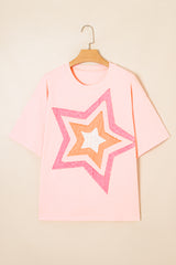 Light Pink Eyelet Colorblock Star Applique Plus Size T Shirt