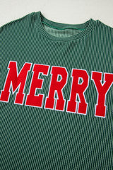 Blackish Green Twisted Rib Merry Letter Graphic Loose Long Sleeve Top
