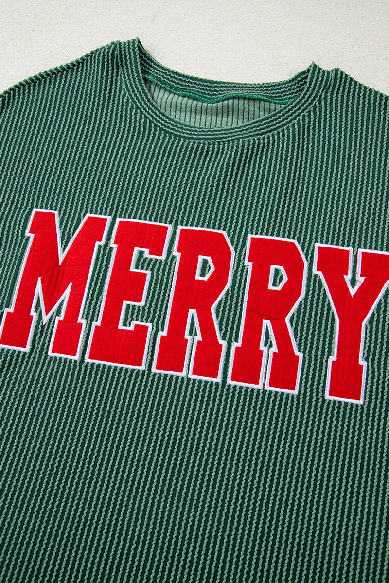 Blackish Green Twisted Rib Merry Letter Graphic Loose Long Sleeve Top