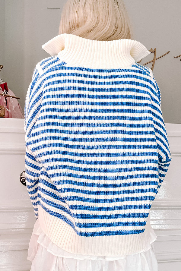 Sky Blue Stripe Zip up Collar Drop Shoulder Sweater