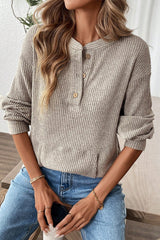 Clearly Aqua Ribbed Texture Drop Shoulder Henley Knit Top