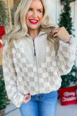 Khaki Checkered Sherpa Corduroy Patchwork Zip-up Collared Jacket