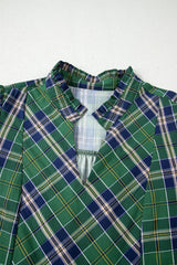 Green Plaid Print Frill Neck Long Sleeve Mini Dress