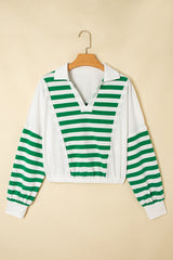 Green Striped Colorblock Patchwork Collared V Neck Cropped Pullover