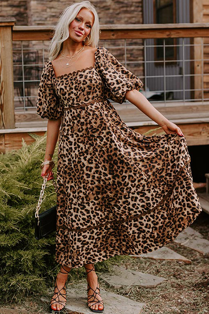 Brown Leopard Print Bubble Sleeve Ricrac Maxi Dress