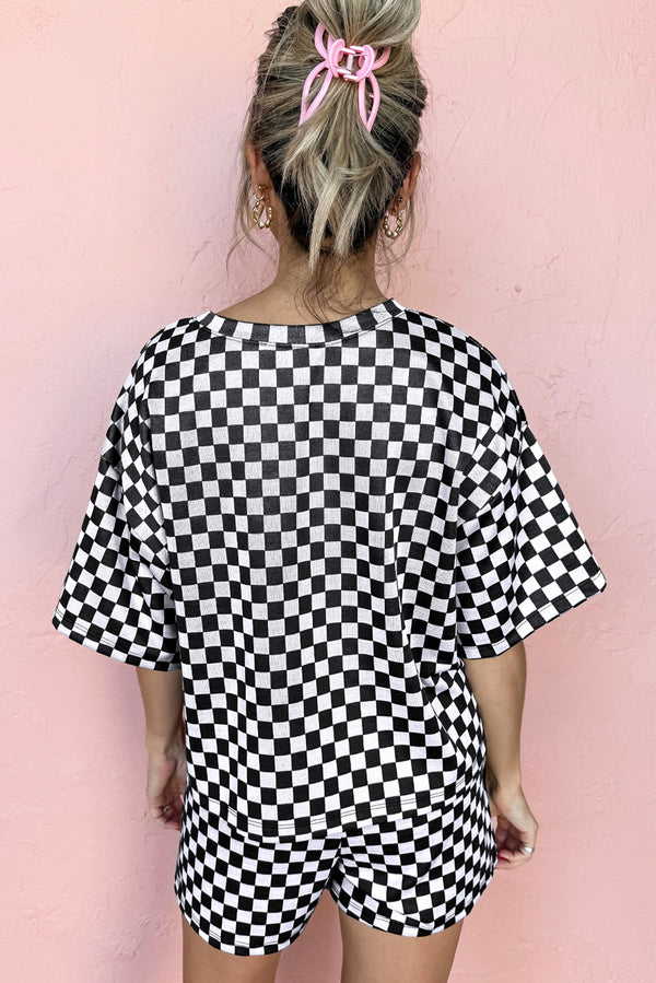 Black Checkered Top and Drawstring Shorts Pajama Set