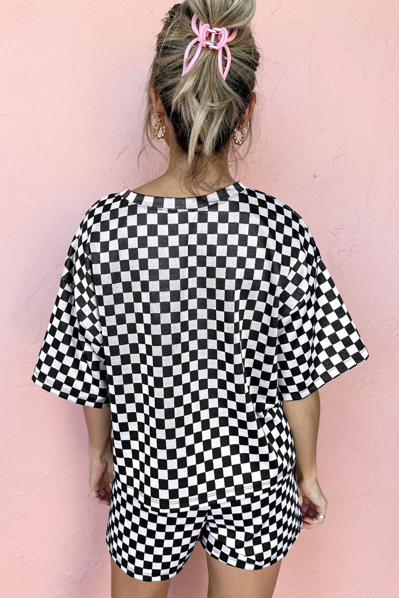 Black Checkered Top and Drawstring Shorts Pajama Set