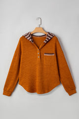 Straw Yellow Contrast Plaid Hooded Patchwork Pocket Henley Top