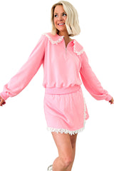Pink Peter Pan Collar Pullover Lace Embellished Mini Skirt Set
