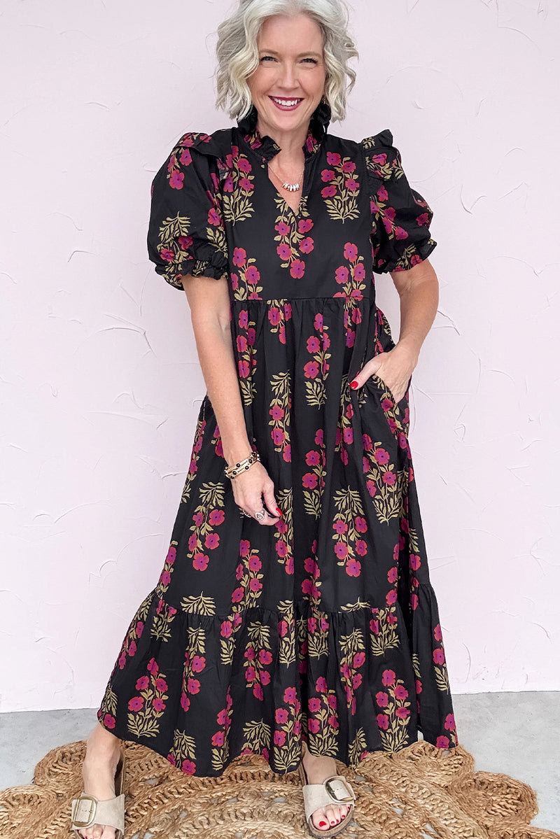 Black Floral Short Bubble Sleeve Tiered Maxi Dress