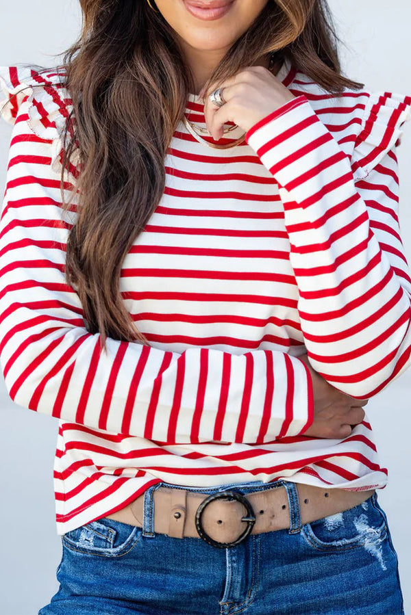 Red Striped Ruffle Shoulder Long Sleeve Top