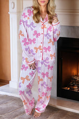 Pink Striped Bow Print Piping Trim Shirt and Pants 2pcs Pajama Set