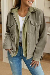 Beige Solid Color Textured Patchwork Flap Pocket Shacket