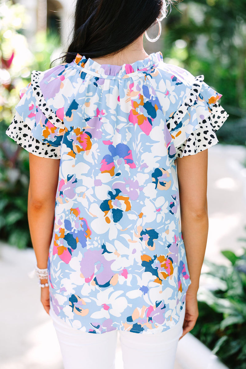 Light Blue Floral Print Ruffle Flutter Sleeve V Neck Blouse