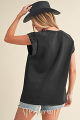 Black Casual Rivet Round Neck T Shirt