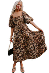 Brown Leopard Print Bubble Sleeve Ricrac Maxi Dress