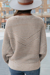 Light French Beige Striped Print Ribbed Knit Raglan Sleeve Baggy Sweater