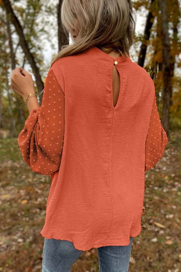 Russet Orange Swiss Dot Balloon Sleeve Patchwork Crinkle Blouse