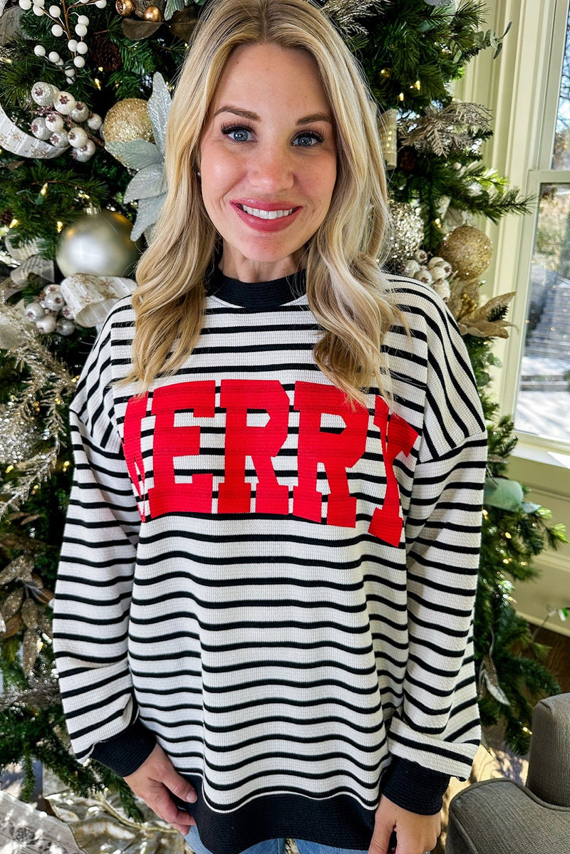 Black Stripe MERRY Letter Print Christmas Sweatshirt