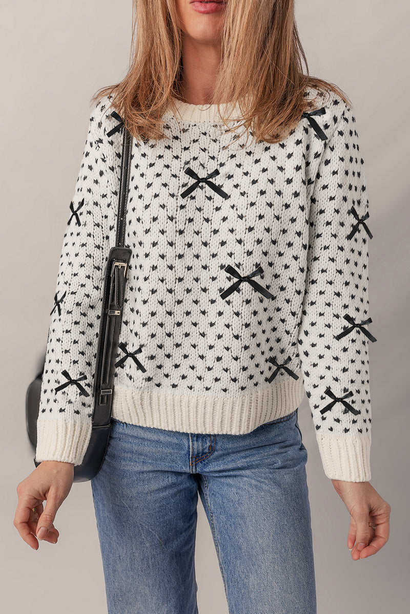 Beige Bow Decor Color Contrast Ribbed Edge Crew Neck Sweater