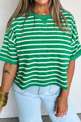 Green Stripe Ribbed Patchwork Seam Detail Half Sleeve Tee