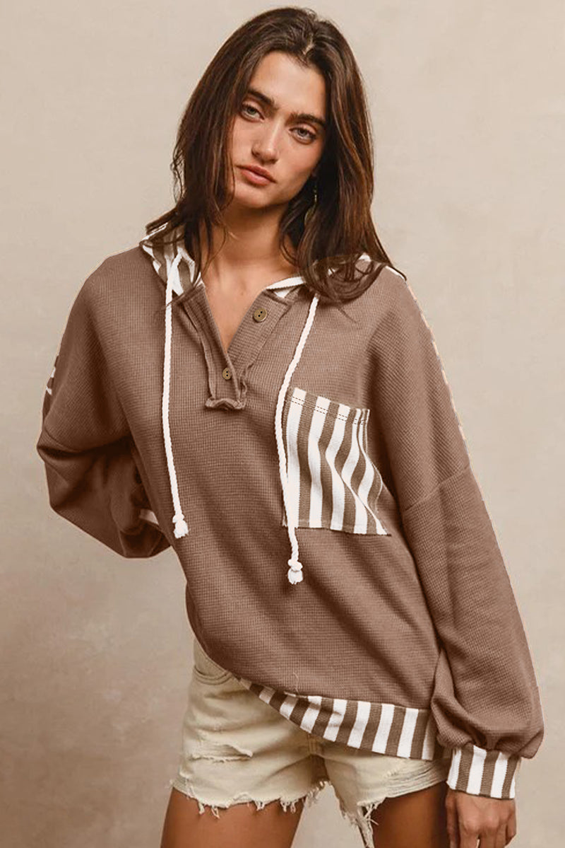Straw Yellow Waffle Texture Striped Patchwork Drawstring Henley Hooded Top