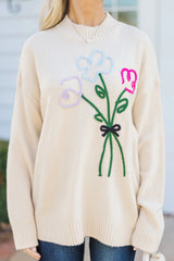 White Floral Embroidered Drop Sleeve Knit Sweater