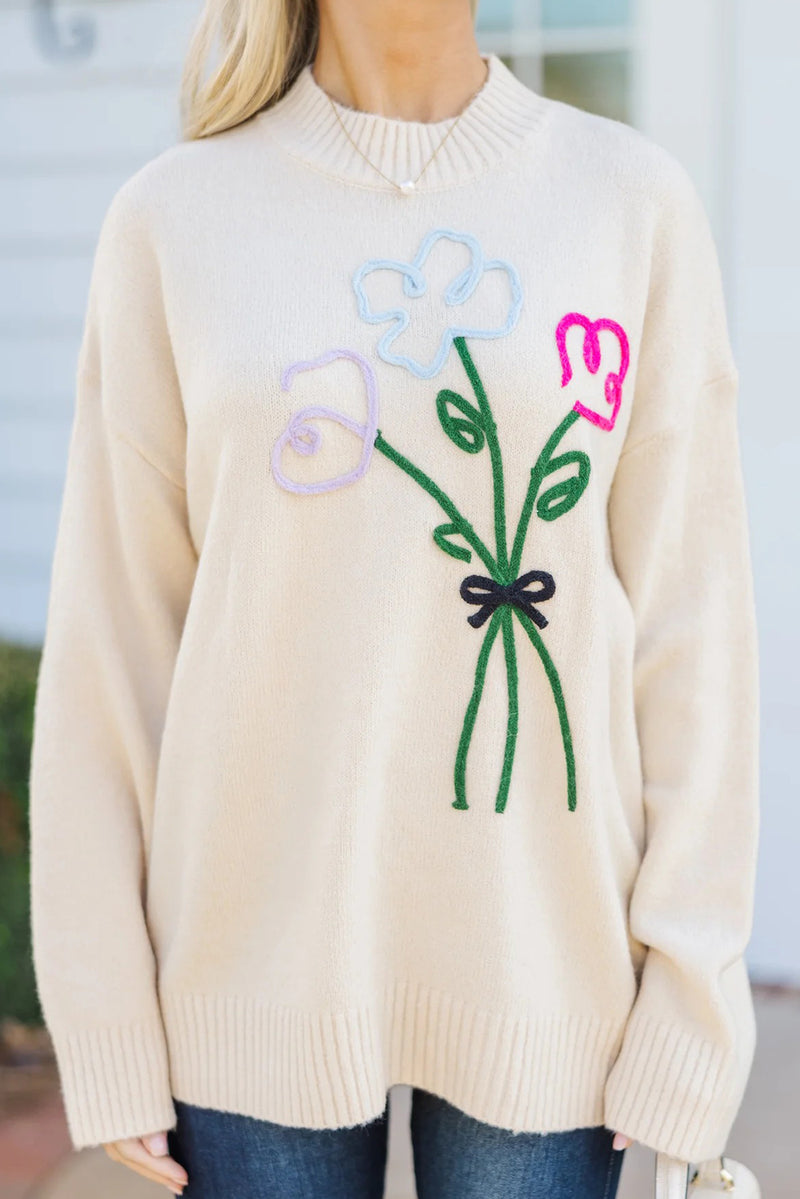 White Floral Embroidered Drop Sleeve Knit Sweater