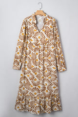 Khaki Abstract Plant Print Loose Plus Size Long Dress