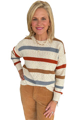 Beige Stripe Exposed Seam Drop Shoulder Heathered Knit Sweater