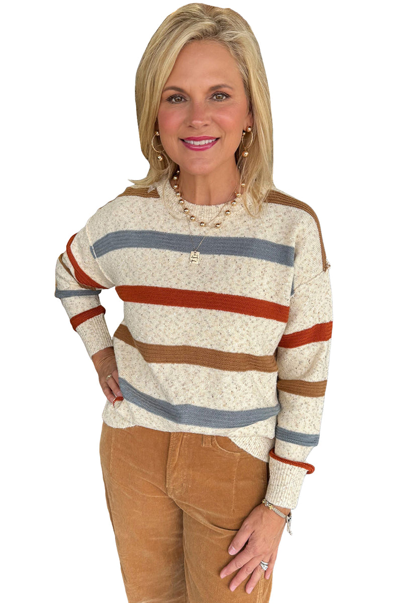 Beige Stripe Exposed Seam Drop Shoulder Heathered Knit Sweater