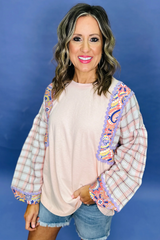 Delicacy Ricrac Trim Floral Plaid Patchwork Puff Sleeve Top