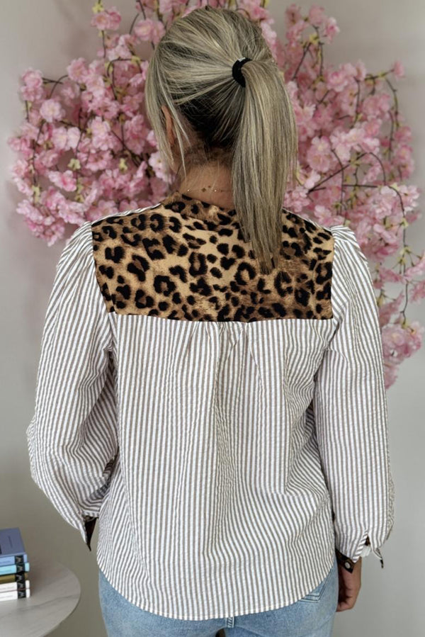 Brown Stripe Leopard Print Patchwork Puff Sleeve Shirt