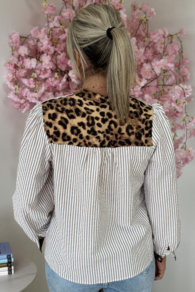 Brown Stripe Leopard Print Patchwork Puff Sleeve Shirt