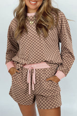 Brown Checkerboard Contrast Trim Long Sleeve Pullover and Shorts Set
