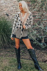 Black Plaid Patchwork Drawstring Hooded Raw Hem Shacket