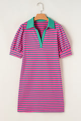 Pink Stripe Collared V Neck Puff Sleeve T Shirt Dress