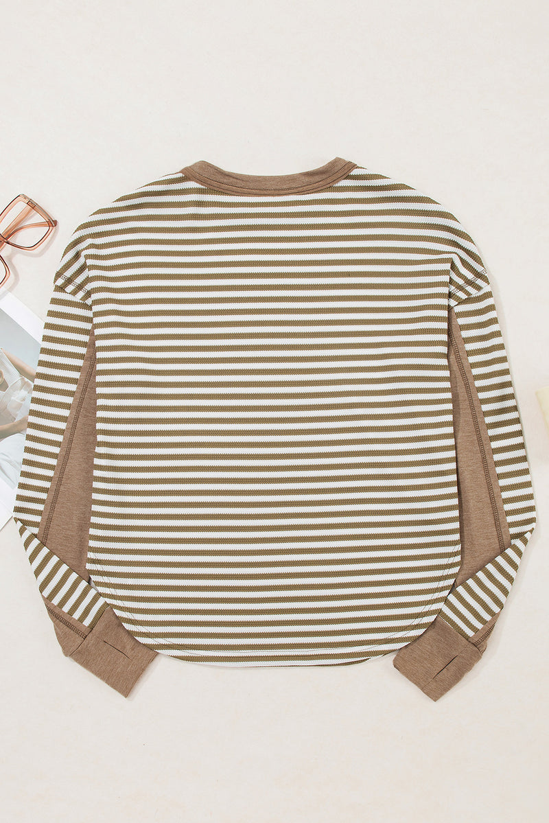 Khaki Stripe Patchwork Knit Drop Shoulder Top