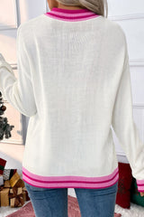 White Bow Pattern Contrast Trim Long Sleeve Sweater