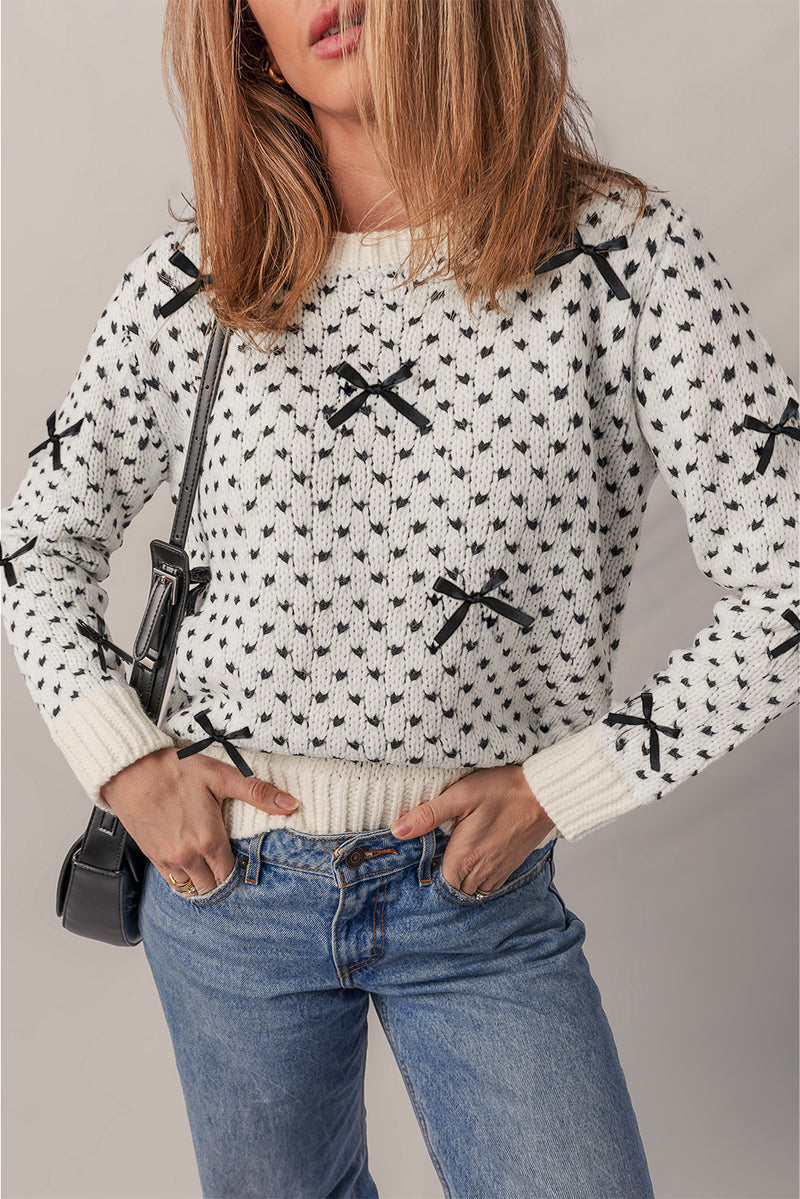 Beige Bow Decor Color Contrast Ribbed Edge Crew Neck Sweater